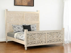 White Carved Floral Distressed Solid Wood King Bed Frame featuring intricate floral designs and a light wood finish.