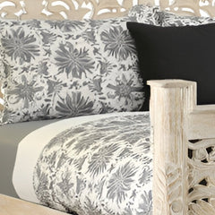 White Carved Floral Distressed Solid Wood King Bed Frame featuring intricate carvings and a stylish, rustic design.
