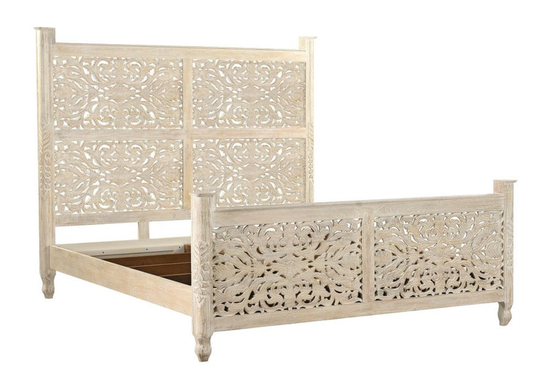White Carved Floral Distressed Solid Wood King Bed Frame featuring intricate floral designs and a rustic finish.