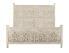 White Carved Floral Distressed Solid Wood King Bed Frame featuring intricate floral carvings on the headboard and footboard.