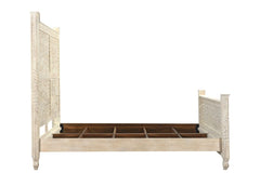 White Carved Floral Distressed Solid Wood King Bed Frame with intricate floral designs and a sturdy slatted base.
