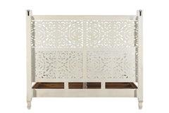 White Carved Floral Distressed Solid Wood King Bed Frame featuring intricate floral patterns and a rustic finish.