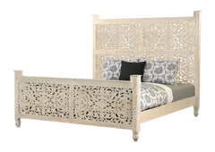 White Carved Floral Distressed Solid Wood King Bed Frame featuring intricate floral designs and a light finish.