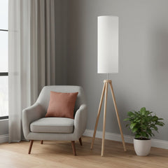 58" Natural Wood Look Tripod Floor Lamp With White Shade