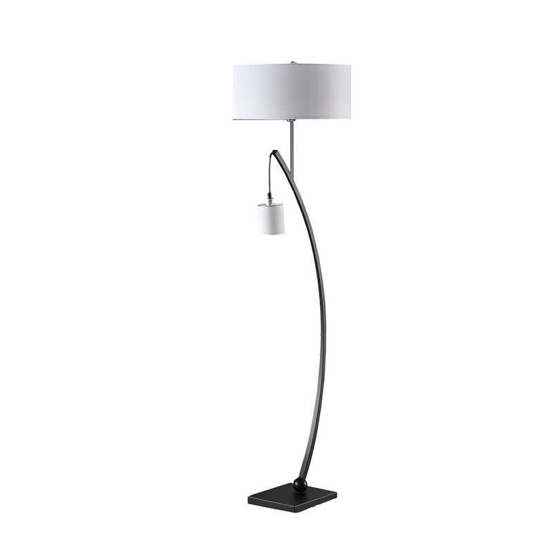 Matte black dual arc floor lamp with a white drum shade and a small hanging light, featuring a sleek, modern design.