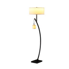 59" Matte Black Dual Arc Floor Lamp with a white drum shade and a small hanging light, featuring a sleek curved design.