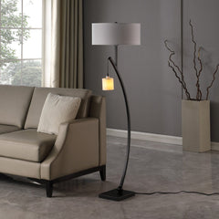 59" Matte Black Dual Arc Floor Lamp with White Drum Shade, featuring a sleek design and a soft glow from the hanging light.