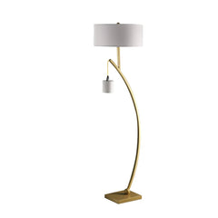 59" Gold and White Arc Floor Lamp featuring a white fabric drum shade and a sleek, curved gold base.