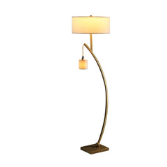 59" Gold and White Arc Floor Lamp featuring a white fabric drum shade and a smaller pendant light, elegant curved design.