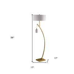 59" Gold and White Arc Floor Lamp with a white fabric drum shade and a sleek gold base, featuring a small hanging light.