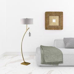 59" Gold And White Arc Floor Lamp With White Fabric Drum Shade