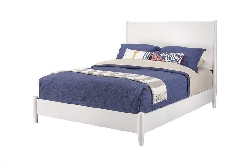White solid wood California king standard bed frame.