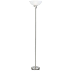 70" Nickel Metal Torchiere Floor Lamp with a sleek design, featuring a white glass dome shade and a sturdy base.