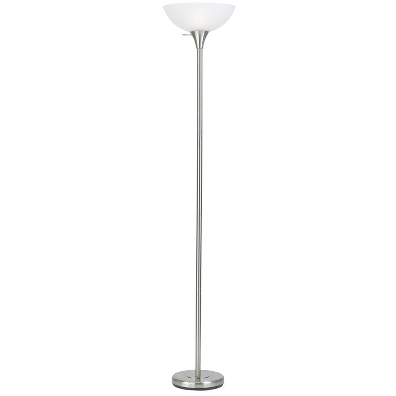 Nickel metal torchiere floor lamp standing with a white glass dome shade.