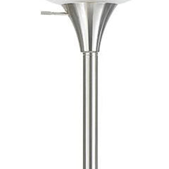 70" Nickel Metal Torchiere Floor Lamp with a sleek design and a white glass dome shade, perfect for modern decor.
