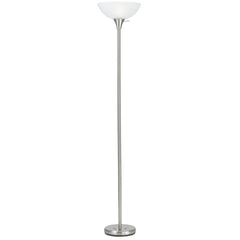 70" Nickel Metal Torchiere Floor Lamp with a sleek design and a white glass dome shade, perfect for modern decor.