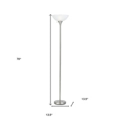 70" Nickel Metal Torchiere Floor Lamp with a white glass dome shade, featuring a sleek design and a sturdy base.