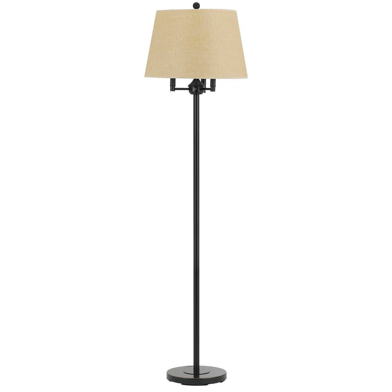 Bronze metal floor lamp with a straight pole and a beige square fabric shade.