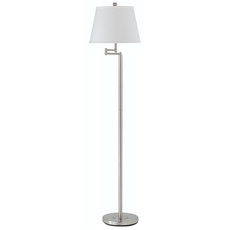 Nickel metal swing arm floor lamp topped with a white square fabric shade.