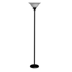 71" black torchiere floor lamp featuring a sleek design with a black glass dome shade and a sturdy base.