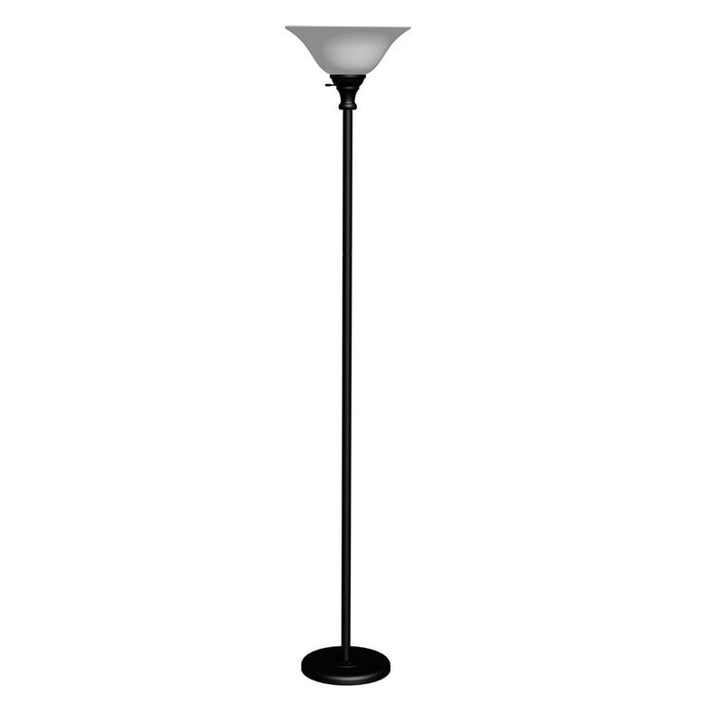 Black metal torchiere floor lamp with a black frosted glass dome shade