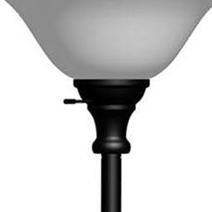 71" black torchiere floor lamp featuring a sleek black glass dome shade and a simple on/off switch.