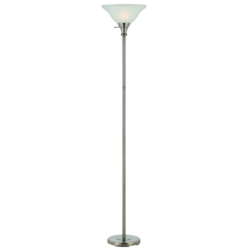 Nickel metal torchiere floor lamp with a straight pole and clear frosted glass dome shade.