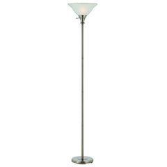 71" Nickel Torchiere Floor Lamp with clear frosted glass dome shade, featuring a sleek design and adjustable height.
