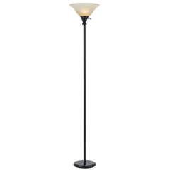 71" Bronze Torchiere Floor Lamp with a beige frosted glass dome shade and a sturdy black base. Ideal for ambient lighting.