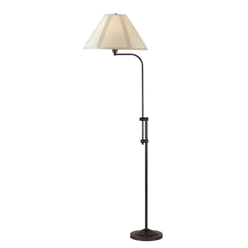 Traditional floor lamp with a bronze metal base and a beige empire fabric shade.