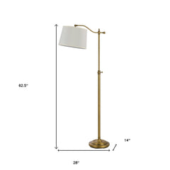 63" Bronze Adjustable Height Swing Arm Floor Lamp with a white fabric shade, featuring a sleek design and a sturdy base.