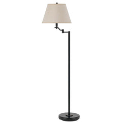 Bronze swing arm floor lamp with a metal base and a beige fabric empire shade.