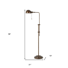 58" rust metal adjustable swing arm floor lamp with a dome shade, featuring a sturdy base and vintage design. Dimensions: 21"
