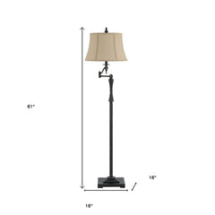 61" Bronze Swing Arm Floor Lamp with a brown square shade, featuring an adjustable arm and a sturdy base. Dimensions: 61" hei