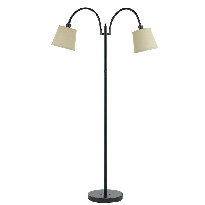 Traditional bronze floor lamp with two lights and a tan square shade.
