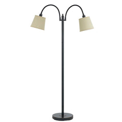 65" bronze floor lamp with two curved arms and tan square shades, featuring a sturdy round base. Ideal for traditional decor.