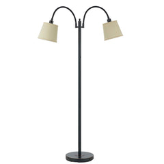 65" bronze floor lamp with two curved arms and tan square shades, featuring a round base for stability.
