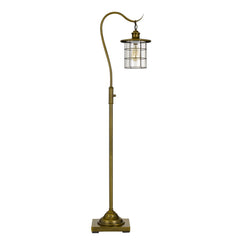 60" Brass Traditional Floor Lamp with a bronze transparent glass drum shade and elegant curved design. Ideal for classic deco