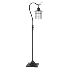 60" antiqued bronze floor lamp with a lantern-style glass and metal shade, featuring a curved neck and square base.