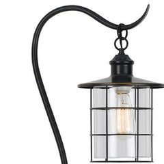 Antiqued bronze floor lamp with a lantern design, featuring a glass and metal shade and a curved neck.
