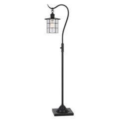60" Antiqued Bronze Lantern Style Floor Lamp featuring a glass and metal shade with a curved neck and square base.