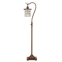 60" rusted traditional floor lamp with a curved arm and rust transparent glass drum shade, featuring a sturdy base.