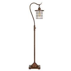 60" rusted traditional floor lamp with a curved arm and a rust transparent glass drum shade, featuring a grid design.