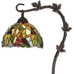 61" Bronze Floor Lamp featuring a colorful green and yellow glass dome shade with leaf and berry designs. Elegant and decorat
