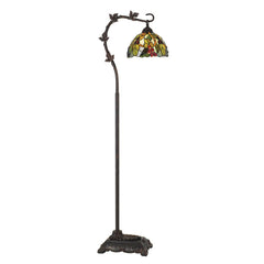 61" Bronze floor lamp with a decorative green and yellow glass dome shade, featuring an elegant curved arm and ornate base.