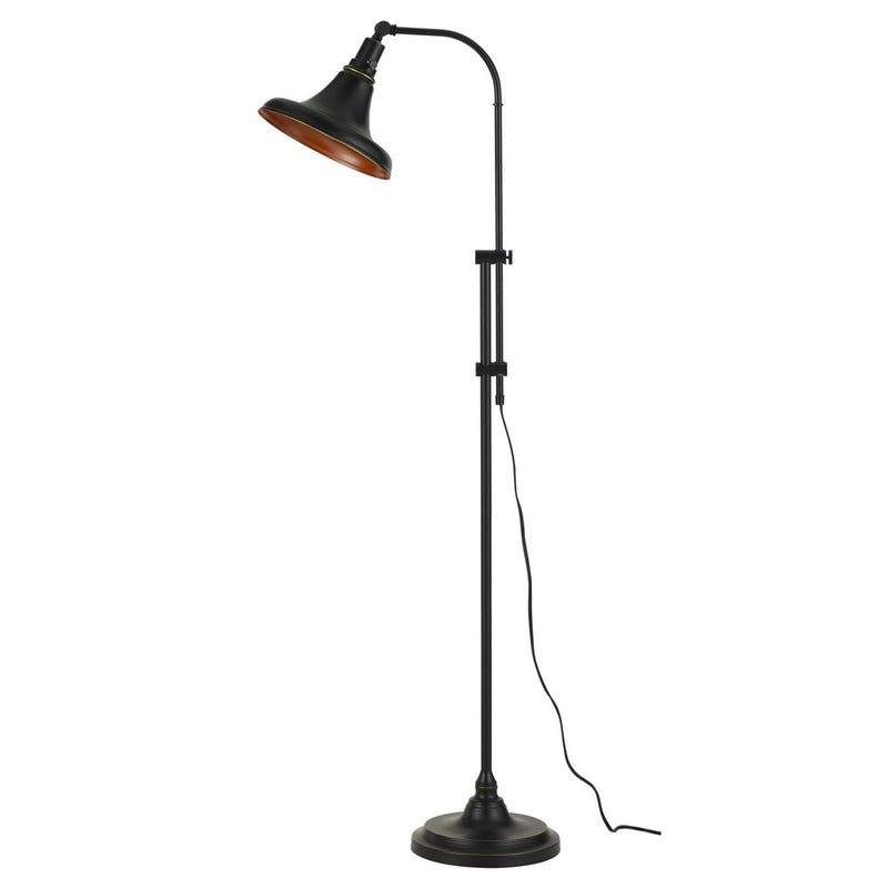 Adjustable bronze metal floor lamp featuring a matching metal dome shade.