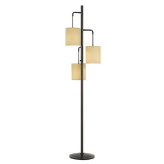 72" bronze floor lamp with three beige drum shades, featuring a sleek traditional design and a sturdy base.