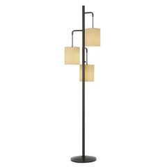72" Bronze three-light floor lamp with a sleek design and beige drum shades, perfect for traditional decor.