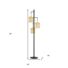 72" Bronze Three Light Traditional Floor Lamp with Beige Drum Shade, featuring a sleek design and three shades.