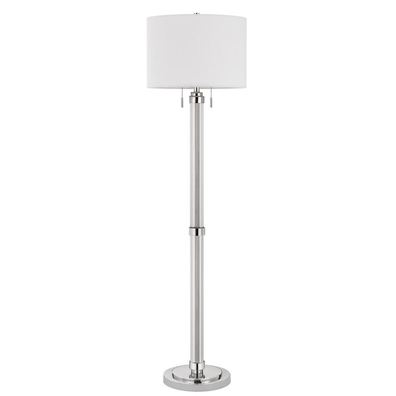 Chrome two-light floor lamp with a white rectangular shade, featuring a sleek design and adjustable height.